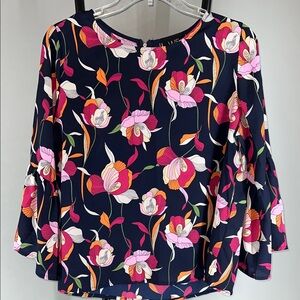 W5 Navy Floral Bell Sleeve Top with Pink & Orange Flowers